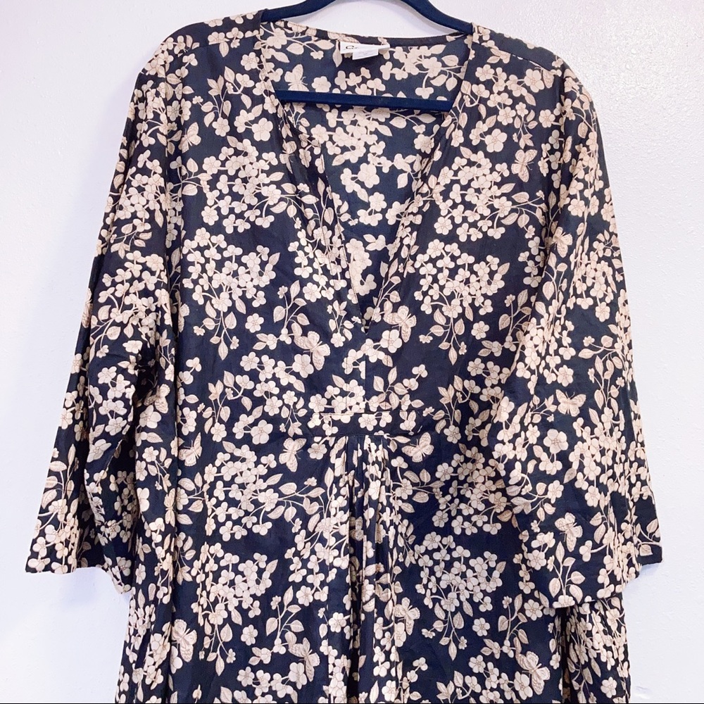 Expressions 💯 Cotton V Neck 3/4 Sleeve Dress MuMu Kaftan Blue/Beige Floral